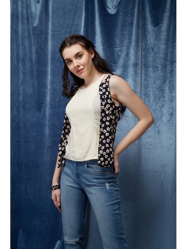 Lucky Point Blue Printed Casual Top With Panel  